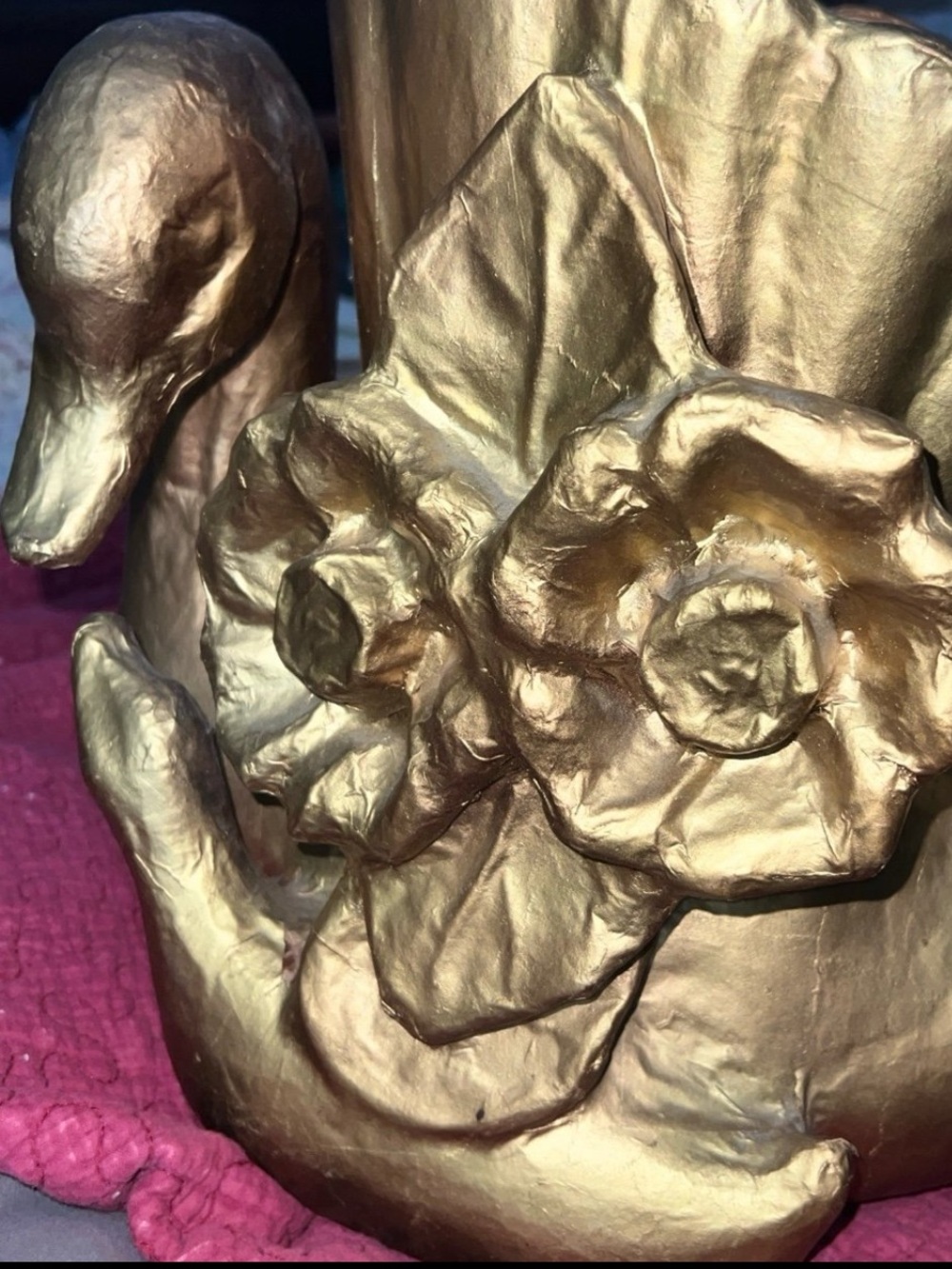 VNTG MCM PAPER MACHE GILDED SWAN/DUCK W/ BABY AND FLOWERS PLANTER OR CENTERPIECE